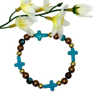 Handmade Turquoise Cross & Beads Stretchy Bracelet Length-7 1/4”
